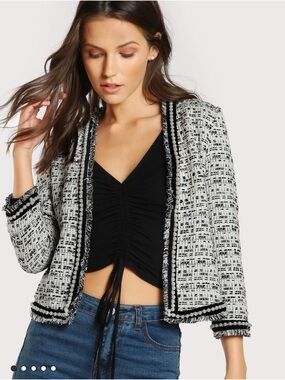 SHEIN Black & White Bouclé Fringe-Trim Open Blazer